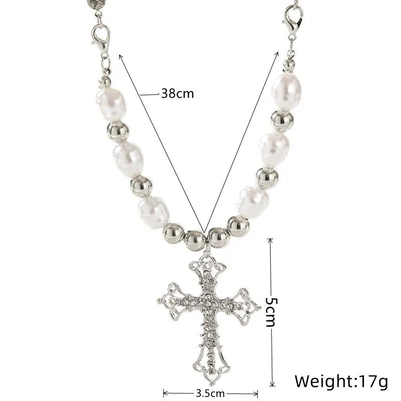 Grunge Style Choker Pearl And Silver Necklace  Cross Pendant Choker  Edgy Jewelry fashion accessories statement necklace Unique Jewelry  Women Fashion Elegant And Edgy Trendy Choker