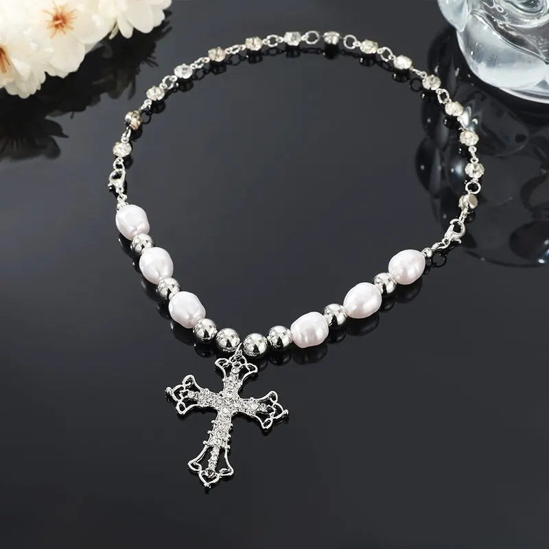 Grunge Style Choker Pearl And Silver Necklace  Cross Pendant Choker  Edgy Jewelry fashion accessories statement necklace Unique Jewelry  Women Fashion Elegant And Edgy Trendy Choker