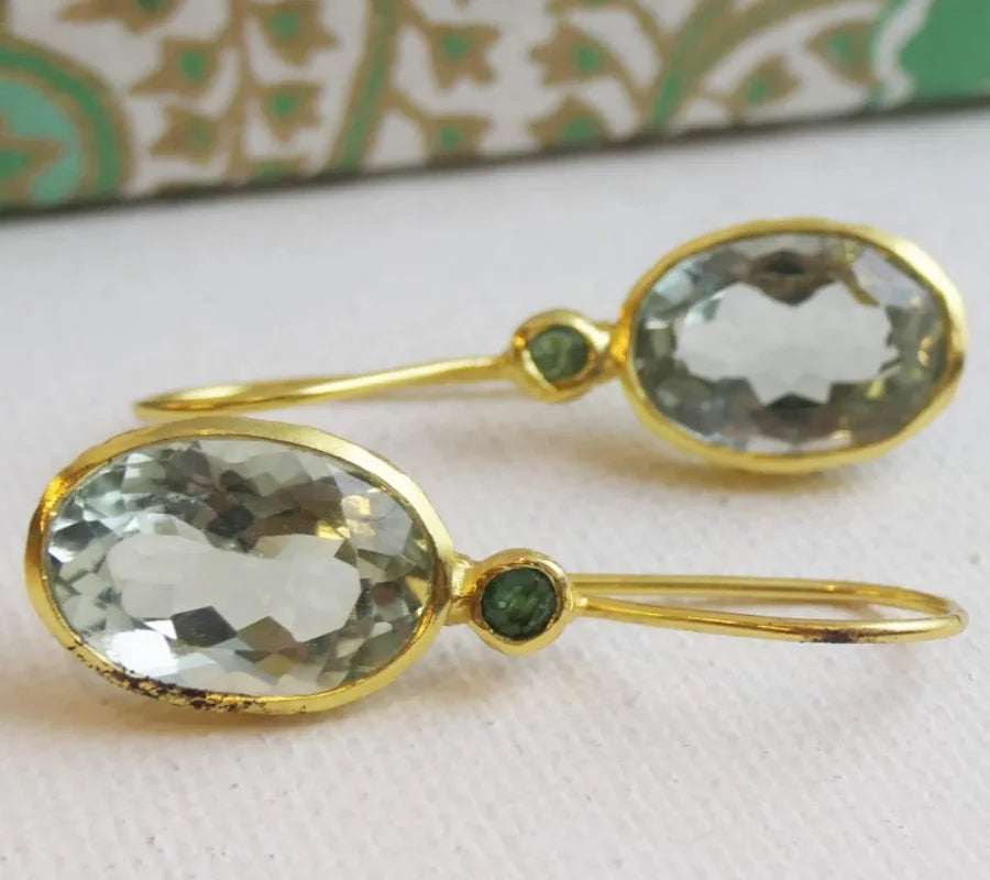 Oval Green Stone Dangle Drop Earrings