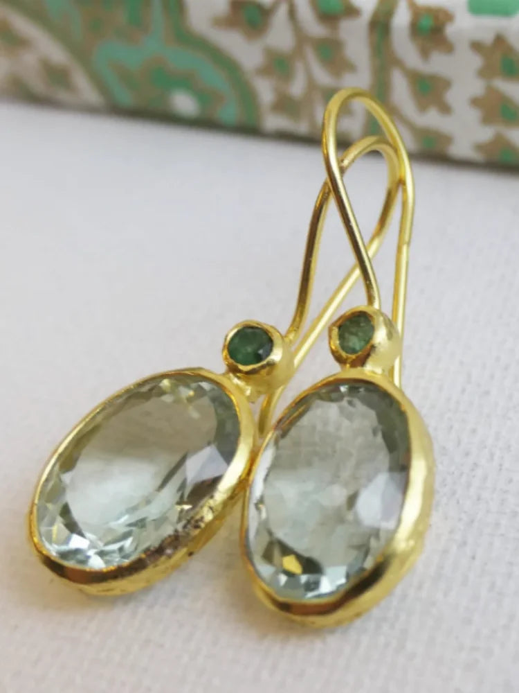 Oval Green Stone Dangle Drop Earrings