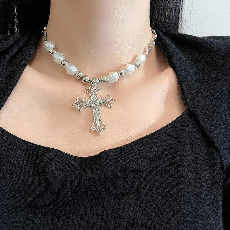 Grunge Style Choker Pearl And Silver Necklace  Cross Pendant Choker  Edgy Jewelry fashion accessories statement necklace Unique Jewelry  Women Fashion Elegant And Edgy Trendy Choker